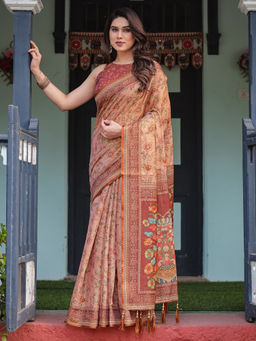 SATRANI - Pink Floral Silk Printed Saree with Unstitched Blouse