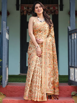 SATRANI - Beige Floral Silk Printed Saree with Unstitched Blouse