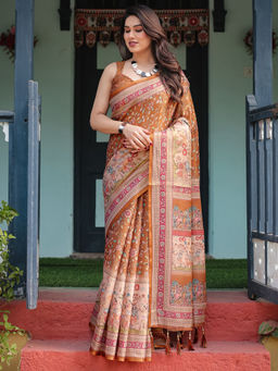 SATRANI - Brown Floral Silk Printed Saree with Unstitched Blouse