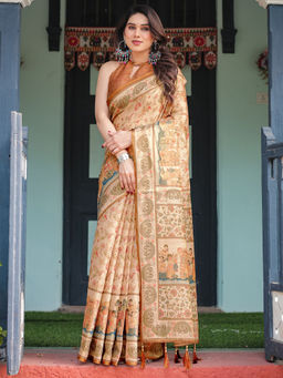 SATRANI - Beige Floral Silk Printed Saree with Unstitched Blouse