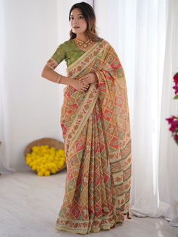 SATRANI - Beige Printed Silk Printed Saree with Unstitched Blouse