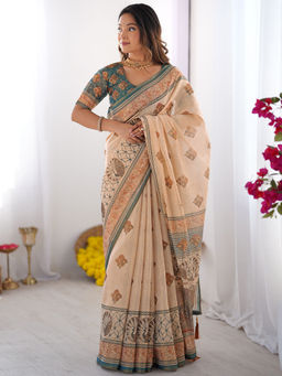 SATRANI - Beige Printed Silk Printed Saree with Unstitched Blouse