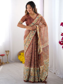 SATRANI - Maroon Floral Silk Printed Saree with Unstitched Blouse
