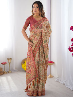 SATRANI - Beige Floral Silk Printed Saree with Unstitched Blouse