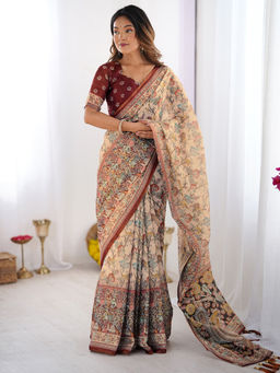 SATRANI - Beige Silk Printed Saree with Unstitched Blouse