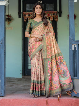 SATRANI - Beige Silk Printed Saree with Unstitched Blouse