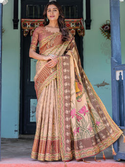SATRANI - Beige Silk Printed Saree with Unstitched Blouse