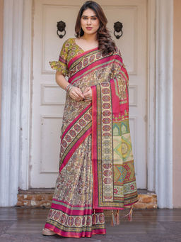 SATRANI - Beige Silk Printed Saree with Unstitched Blouse