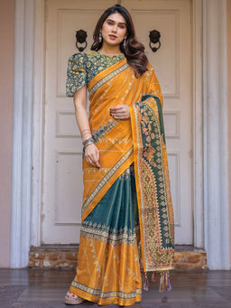 SATRANI - Mustard Floral Silk Printed Saree with Unstitched Blouse