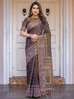 SATRANI - Purple Silk Printed Saree with Unstitched Blouse