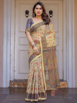 SATRANI - Beige Floral Silk Printed Saree with Unstitched Blouse