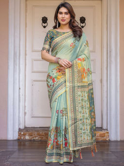 SATRANI - Blue Floral Silk Printed Saree with Unstitched Blouse