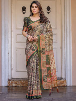SATRANI - Beige Silk Printed Saree with Unstitched Blouse