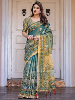 SATRANI - Blue Floral Silk Printed Saree with Unstitched Blouse