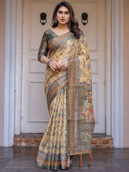 SATRANI - Mustard Floral Silk Printed Saree with Unstitched Blouse