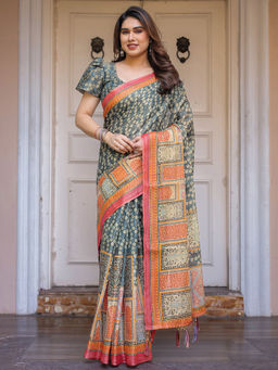 SATRANI - Black Floral Silk Printed Saree with Unstitched Blouse