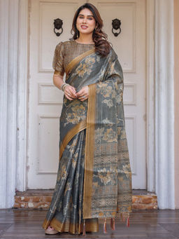 SATRANI - Grey Floral Silk Printed Saree with Unstitched Blouse
