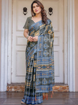 SATRANI - Black Printed Silk Printed Saree with Unstitched Blouse