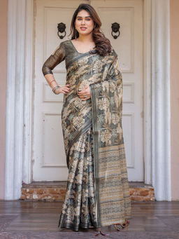 SATRANI - Grey Floral Silk Printed Saree with Unstitched Blouse
