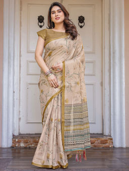 SATRANI - Beige Floral Silk Printed Saree with Unstitched Blouse