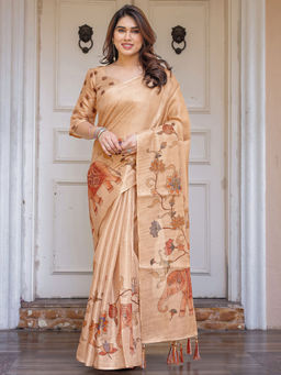 SATRANI - Beige Floral Silk Printed Saree with Unstitched Blouse