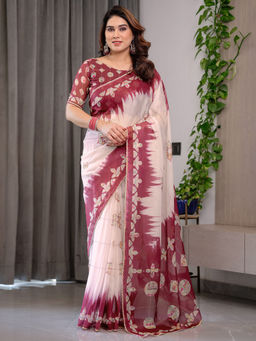 SATRANI - Off White Organza Printed Saree with Unstitched Blouse