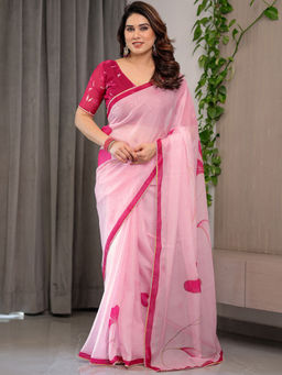 SATRANI - Pink Floral Organza Printed Saree with Unstitched Blouse