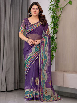 SATRANI - Purple Organza Printed Saree with Unstitched Blouse