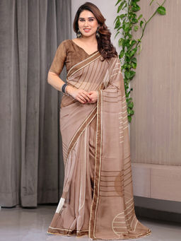 SATRANI - Brown Stripes Organza Printed Saree with Unstitched Blouse