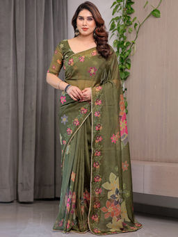 SATRANI - Green Floral Organza Printed Saree with Unstitched Blouse