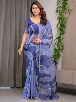 SATRANI - Blue Printed Organza Printed Saree with Unstitched Blouse