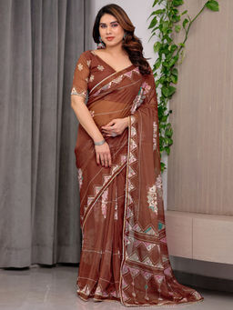 SATRANI - Brown Organza Printed Saree with Unstitched Blouse