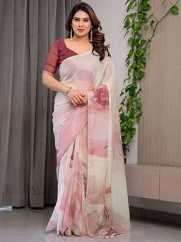 SATRANI - Off White Organza Printed Saree with Unstitched Blouse