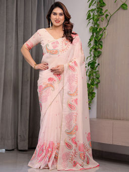SATRANI - Peach Paisley Organza Printed Saree with Unstitched Blouse