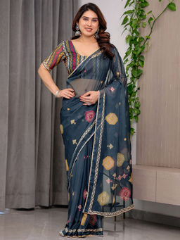 SATRANI - Blue Organza Printed Saree with Unstitched Blouse