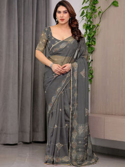 SATRANI - Grey Organza Printed Saree with Unstitched Blouse
