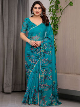 SATRANI - Blue Floral Organza Printed Saree with Unstitched Blouse