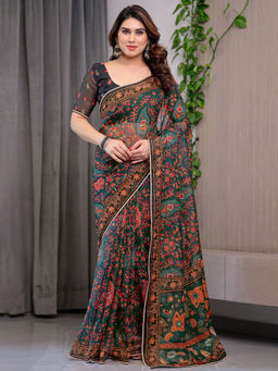 SATRANI - Green Floral Organza Printed Saree with Unstitched Blouse