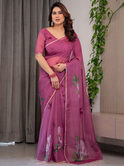 SATRANI - Mauve Floral Organza Printed Saree with Unstitched Blouse