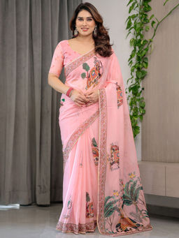 SATRANI - Pink Floral Organza Printed Saree with Unstitched Blouse