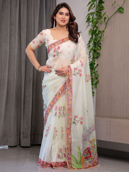 SATRANI - Off White Floral Organza Printed Saree with Unstitched Blouse