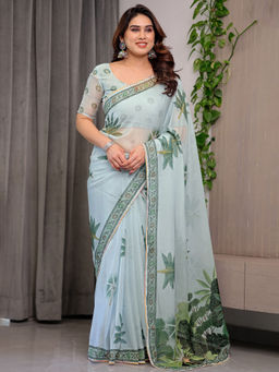 SATRANI - Blue Floral Organza Printed Saree with Unstitched Blouse