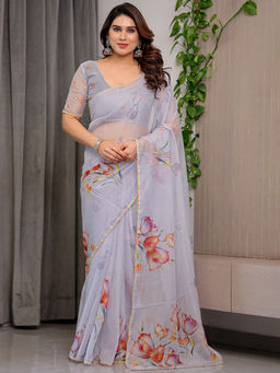 SATRANI - Lavender Floral Organza Printed Saree with Unstitched Blouse