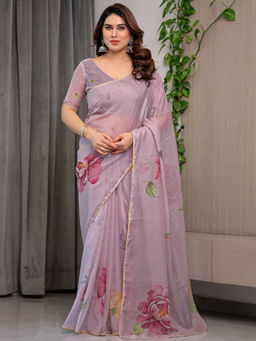 SATRANI - Mauve Floral Organza Printed Saree with Unstitched Blouse