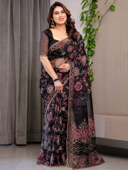 SATRANI - Black Floral Organza Printed Saree with Unstitched Blouse