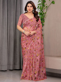 SATRANI - Pink Floral Organza Printed Saree with Unstitched Blouse