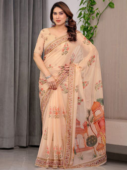 SATRANI - Peach Floral Organza Printed Saree with Unstitched Blouse