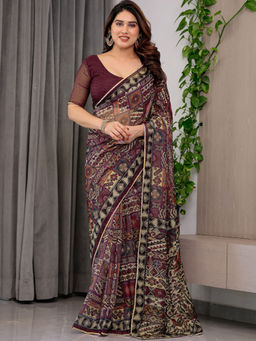 SATRANI - Wine Floral Organza Printed Saree with Unstitched Blouse