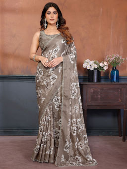 SATRANI - Beige Floral Georgette Printed Saree with Unstitched Blouse