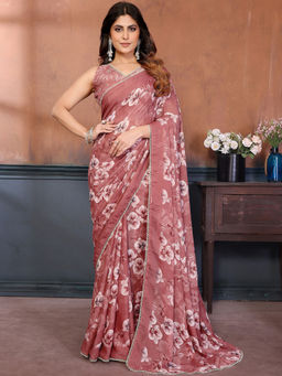 SATRANI - Pink Floral Georgette Printed Saree with Unstitched Blouse